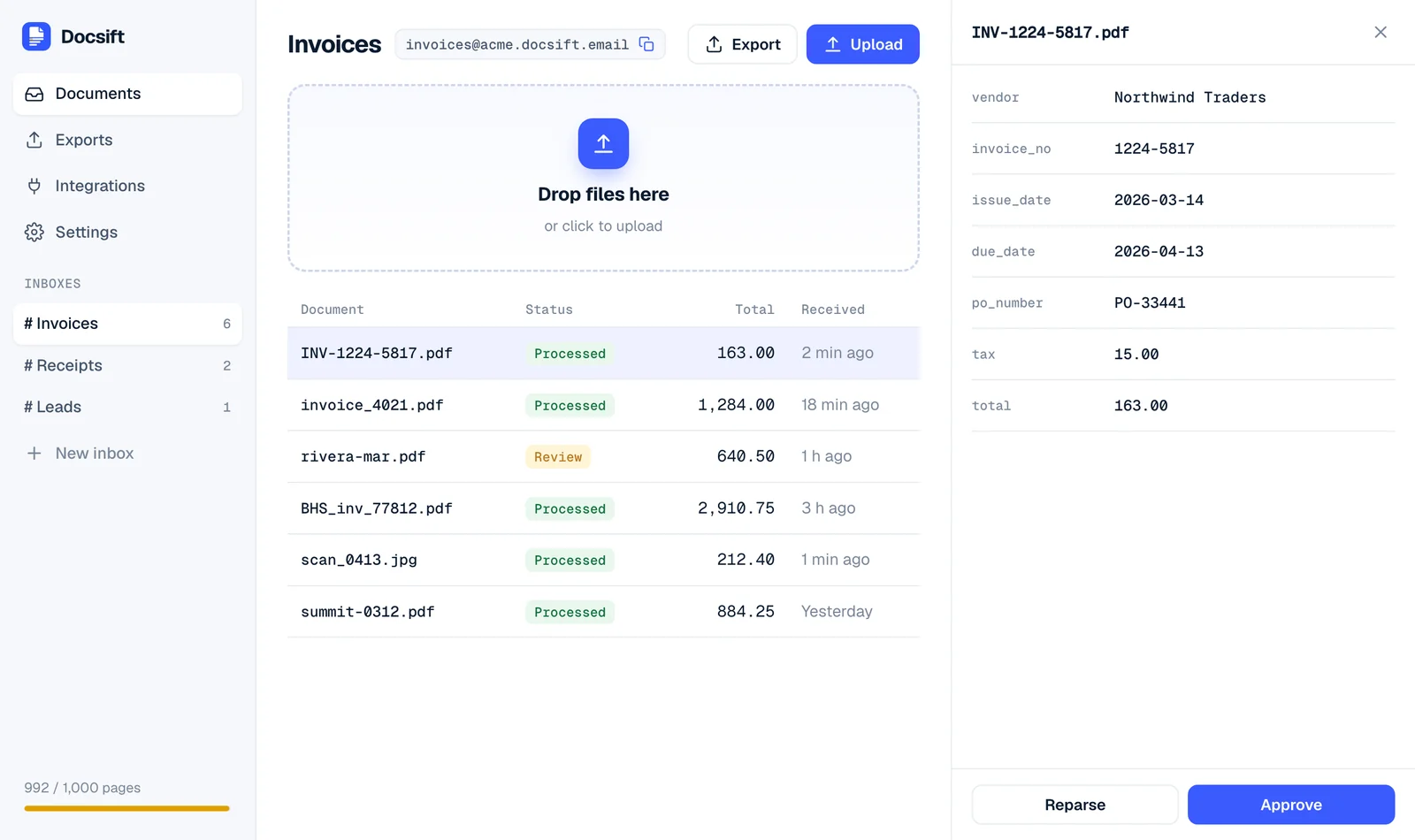 Docsift dashboard: an Invoices inbox with a drop zone, a list of parsed documents, and the extracted fields of the selected invoice