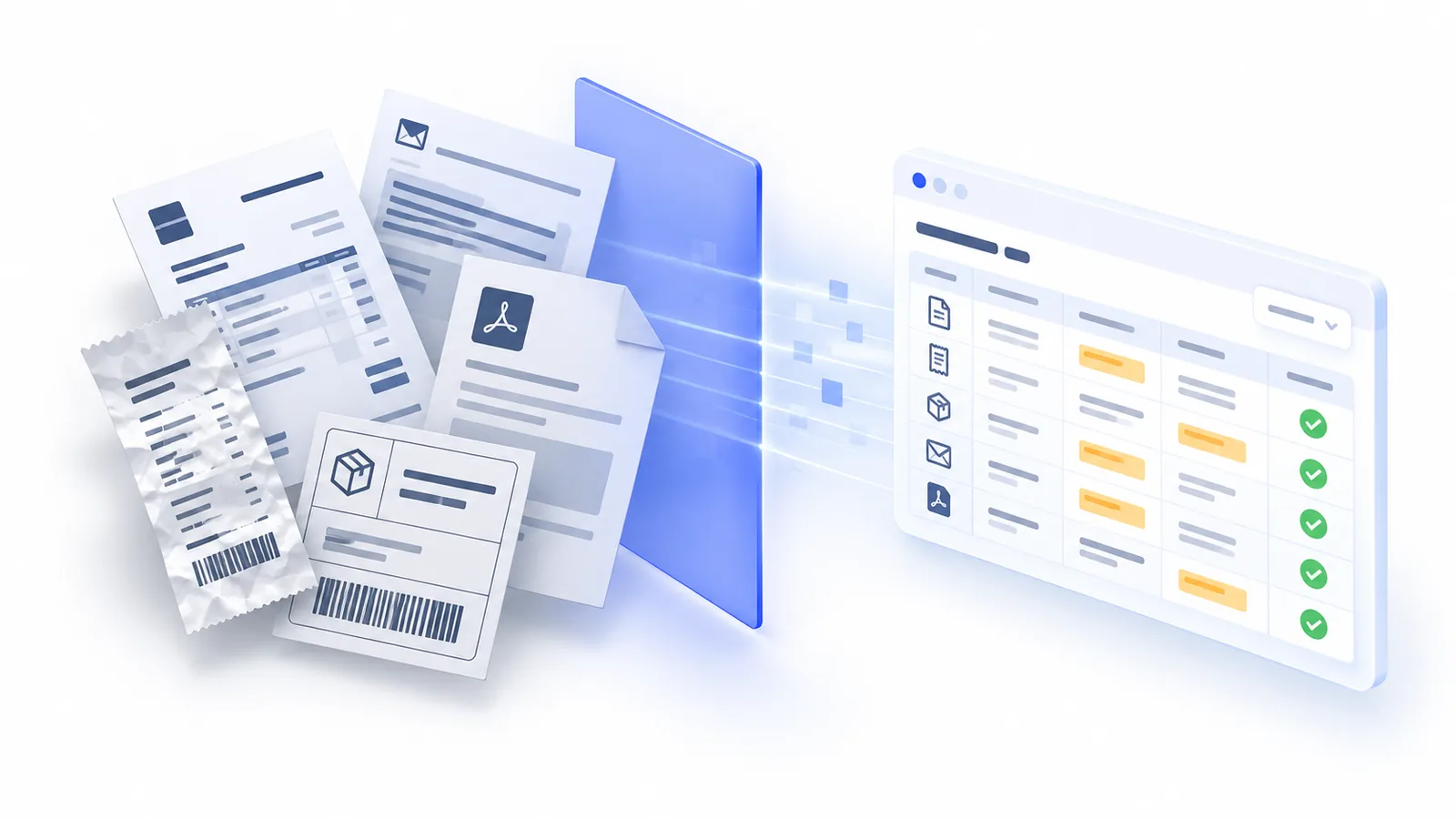 Stacks of invoices, receipts and shipping labels passing through a scan plane and becoming a clean spreadsheet