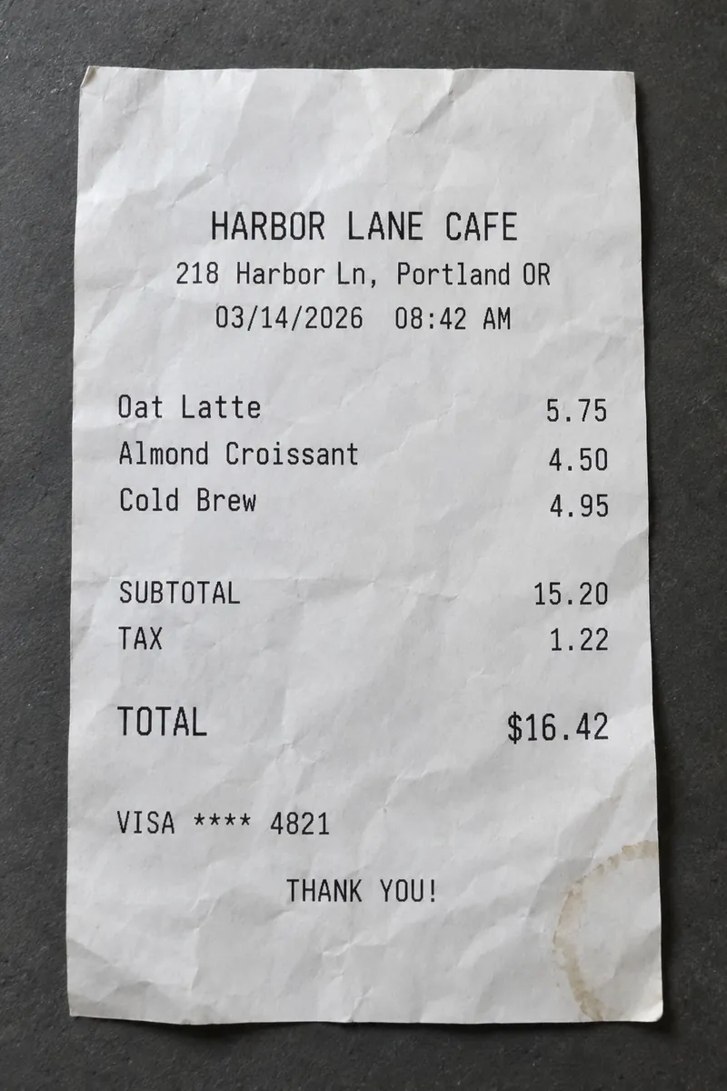 Photo of a crumpled Harbor Lane Cafe receipt totalling $16.42